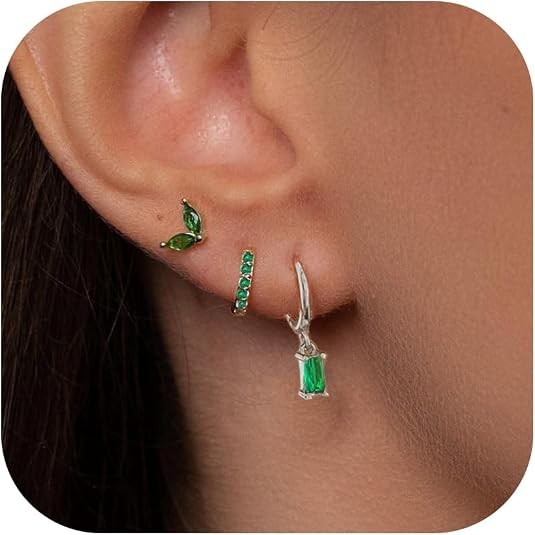 3Pairs Earrings Set for Women Silver Moon Star CZ Butterfly Green Dainty Studs