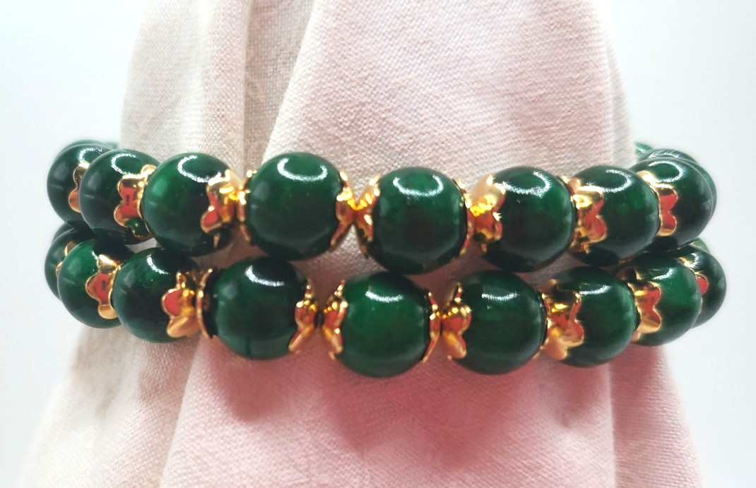 7″ Genuine Green Jade 2 Row Bracelet w/Gold-Plated Filigree Insert Clasp