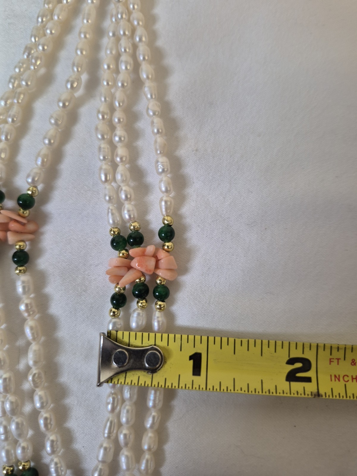 Rice Pearl 3 Strand Necklace 22” Coral Green Goldtone Push Lock Clasp Vintage