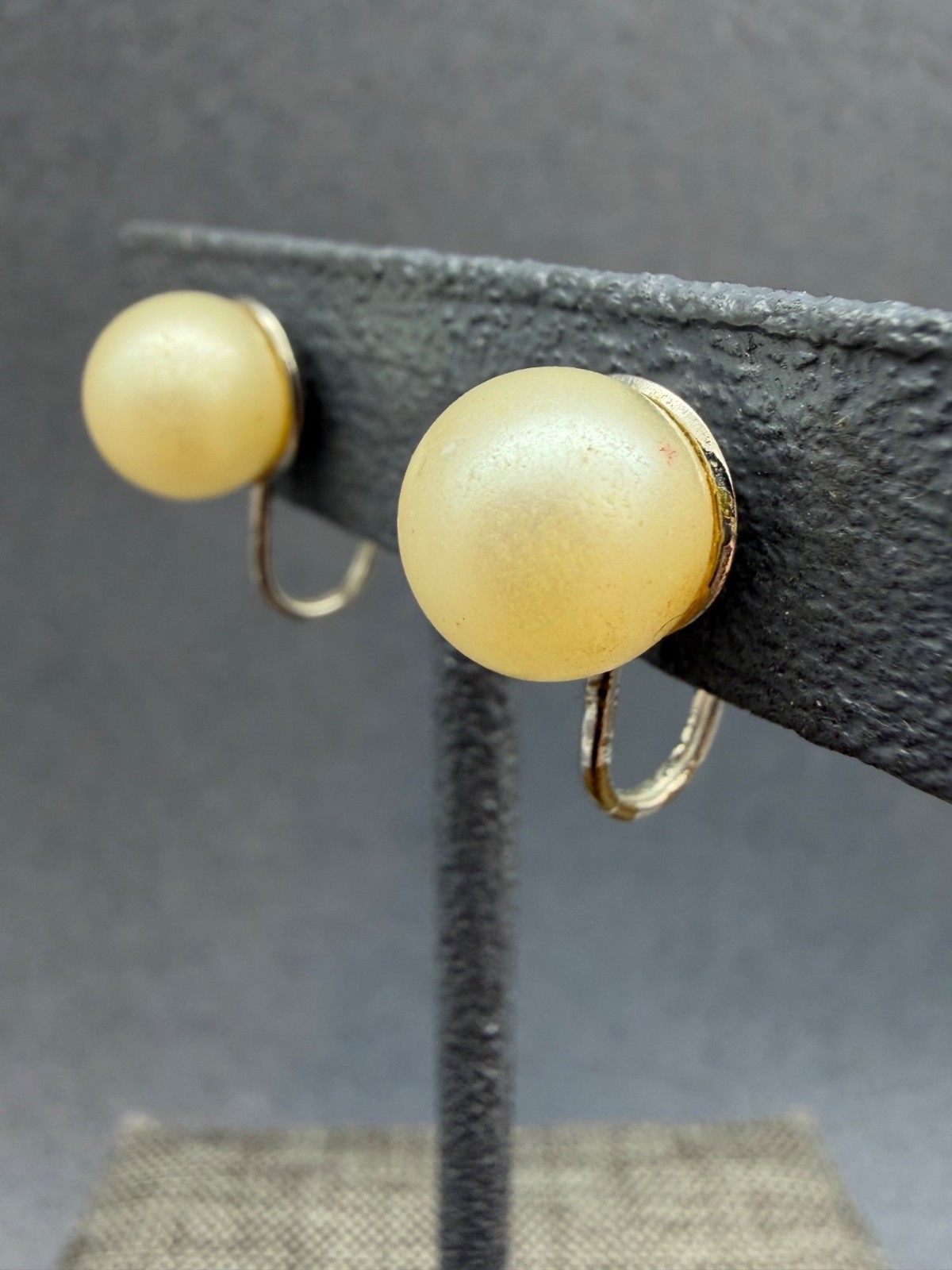 Vintage Hinged Clip-On Earrings 3/8 In As Is Silver Ivory Pearl Retro Screw-Back