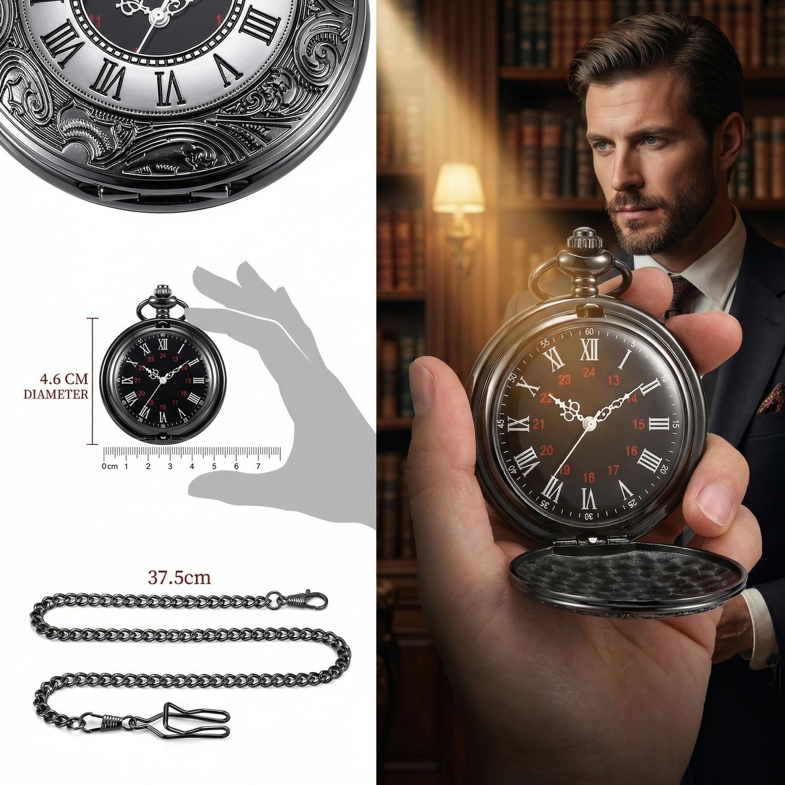 Mens Vintage Quartz Pocket Watch Roman Numerals With Gift Box Black or Bronze