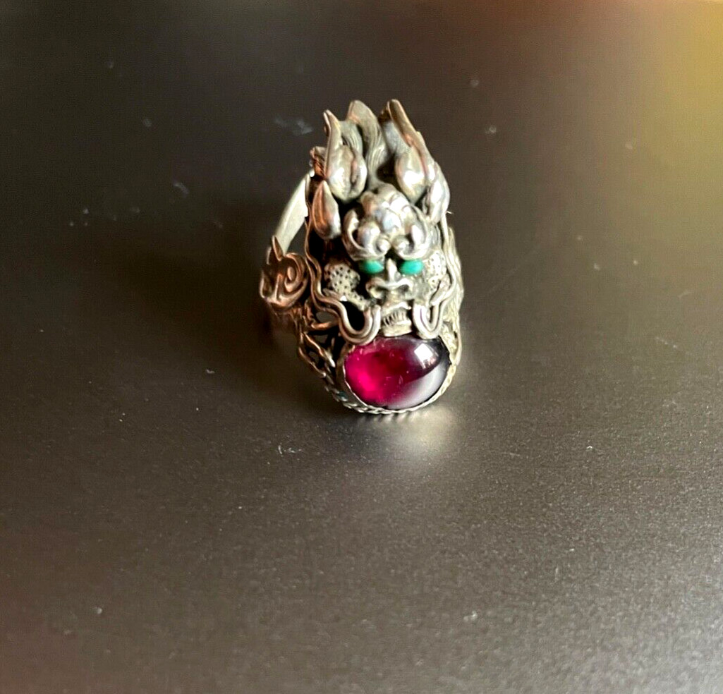 handmade 800 silver ring, bali, dragon, carnelian and turquoise, size 7, 6.00 g