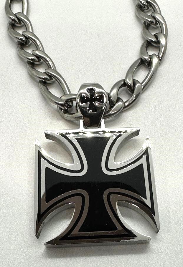 Solid & Strong Large Iron Cross Pendant 8mm Figaro Chain Stainless Steel 105