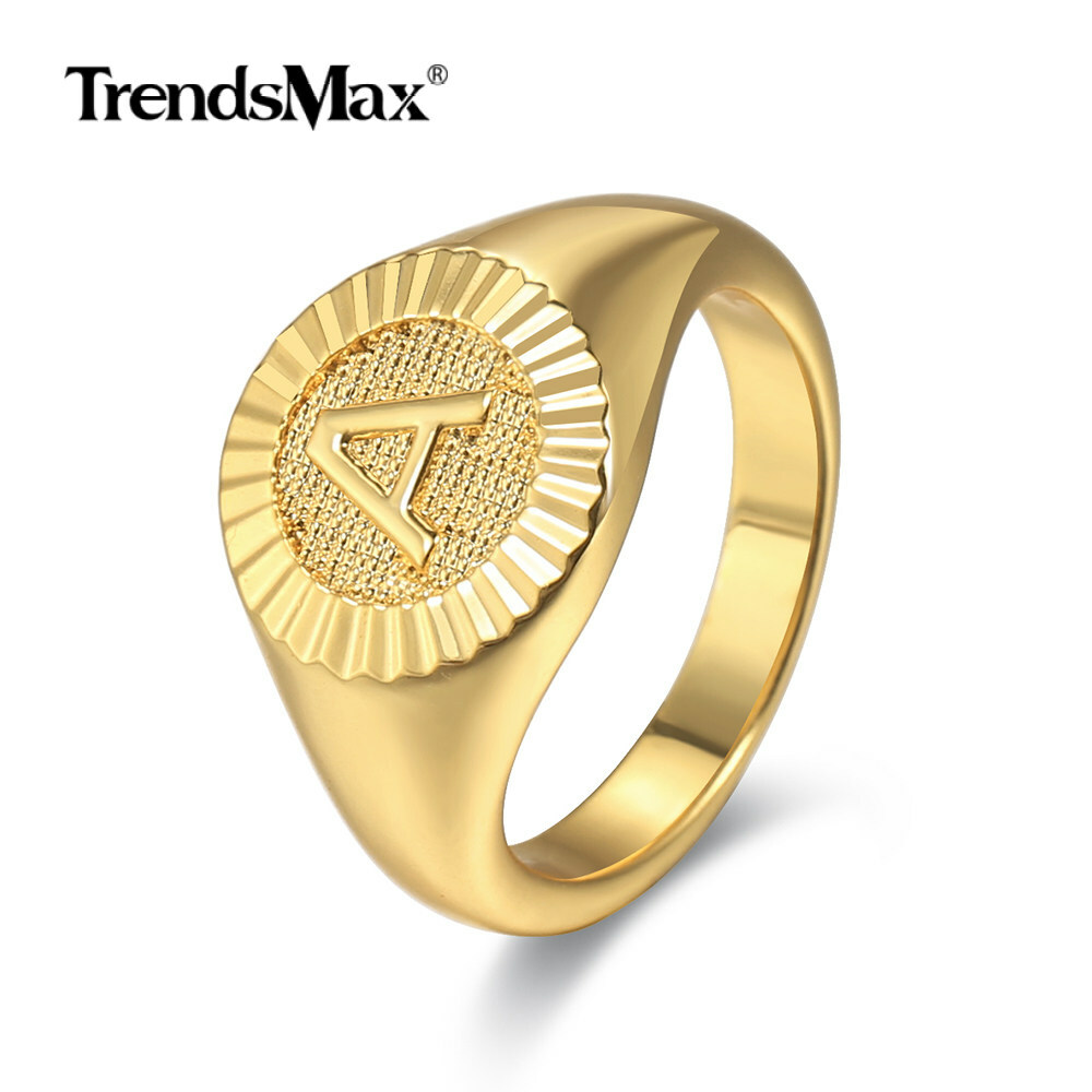 Gold Plated Monogram Letter A-Z Signet Ring Initial Alphabet Knuckle US Size 7