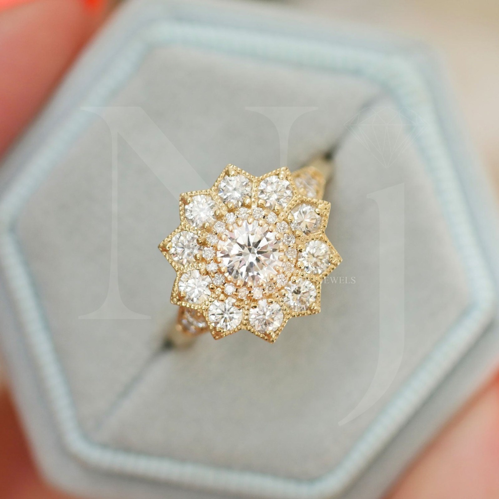 0.5CT Round Cut Halo Moissanite Engagement Ring 14K Yellow Gold Plated For Women