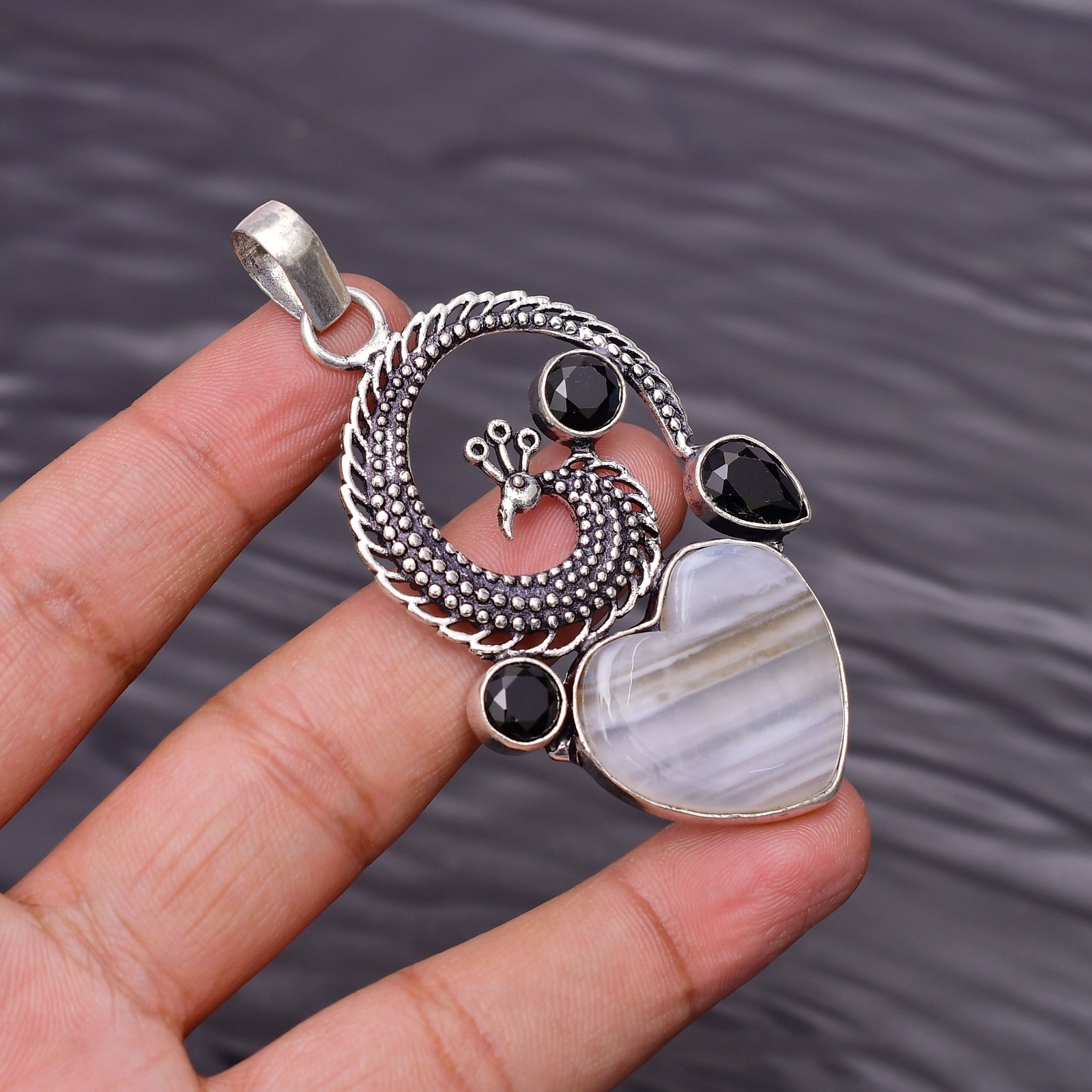 Banded Agate Gemstone 925 Sterling Silver Jewelry Pendant 2.67″