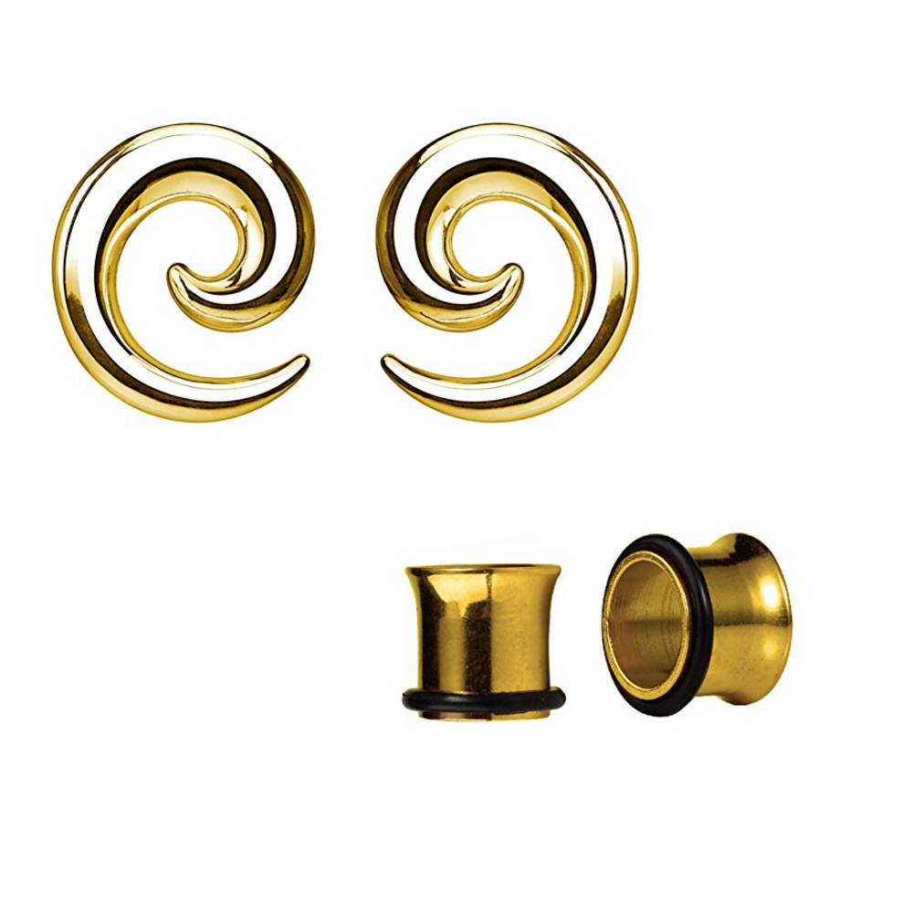 Pair of Anodized Titanium Seamless Steel Spiral Ear Tapers with Ear Plugs