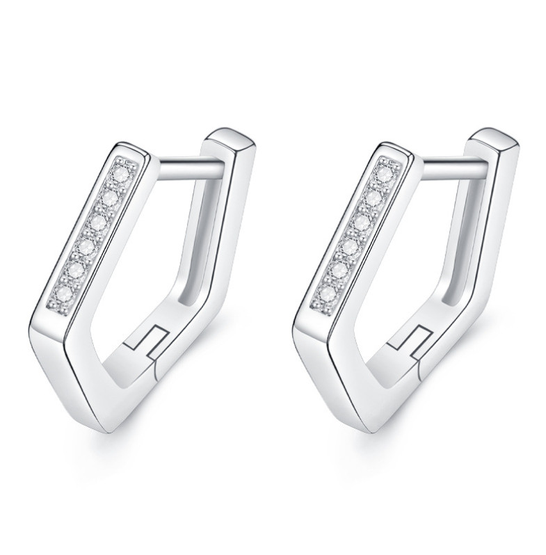 Women 925 Silver Tone Geometric Pentagon CZ Huggie Hoop Earrings 14mm TH1