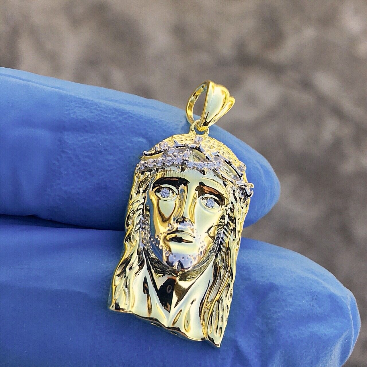 14K Gold Plated 925 Silver Jesus Head Pendant Bling Out CZ 2-Tone Iced Small 1″