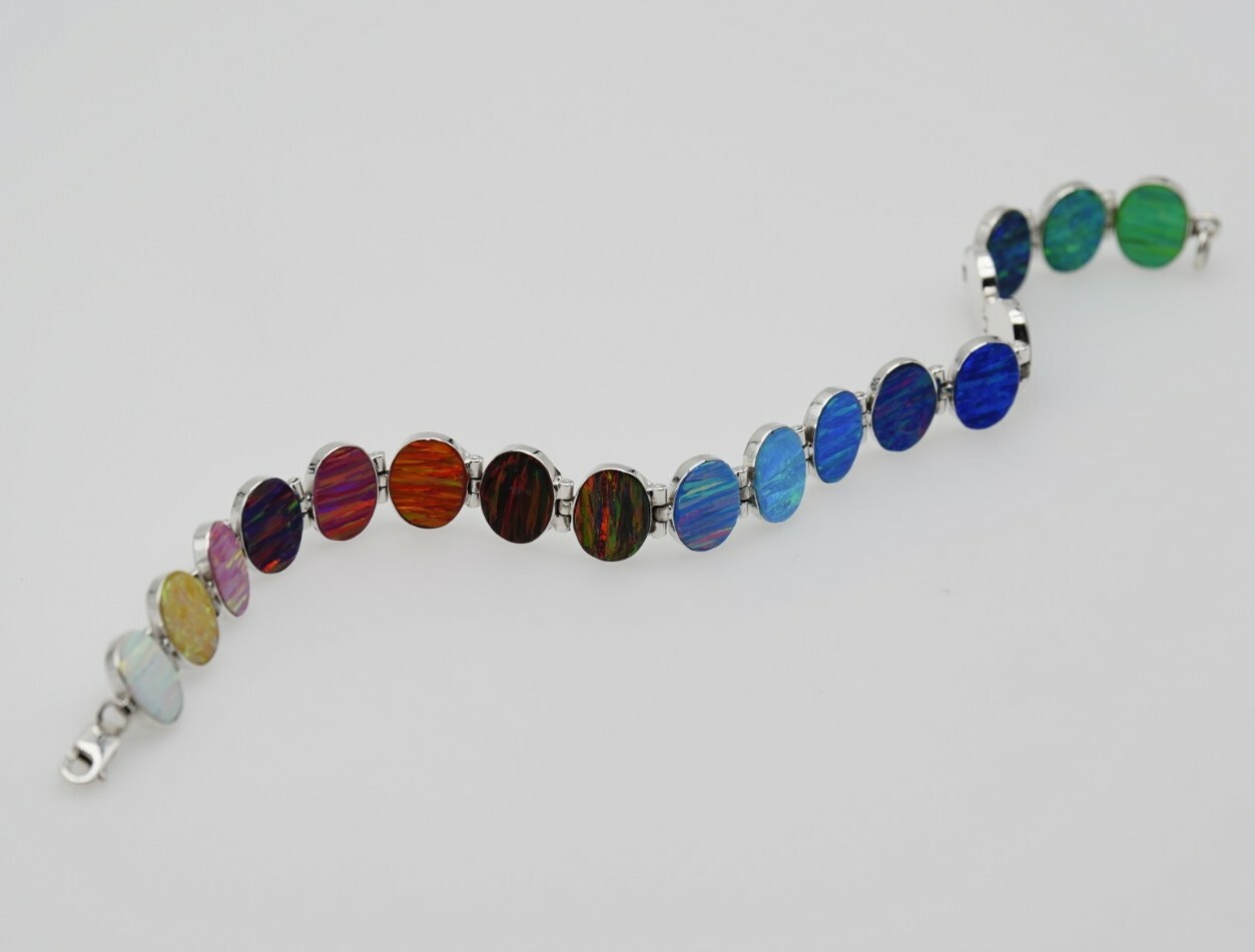 Fire Opal Bracelet Multicolor Ovals 950 Sterling Silver Jewelry Rainbow