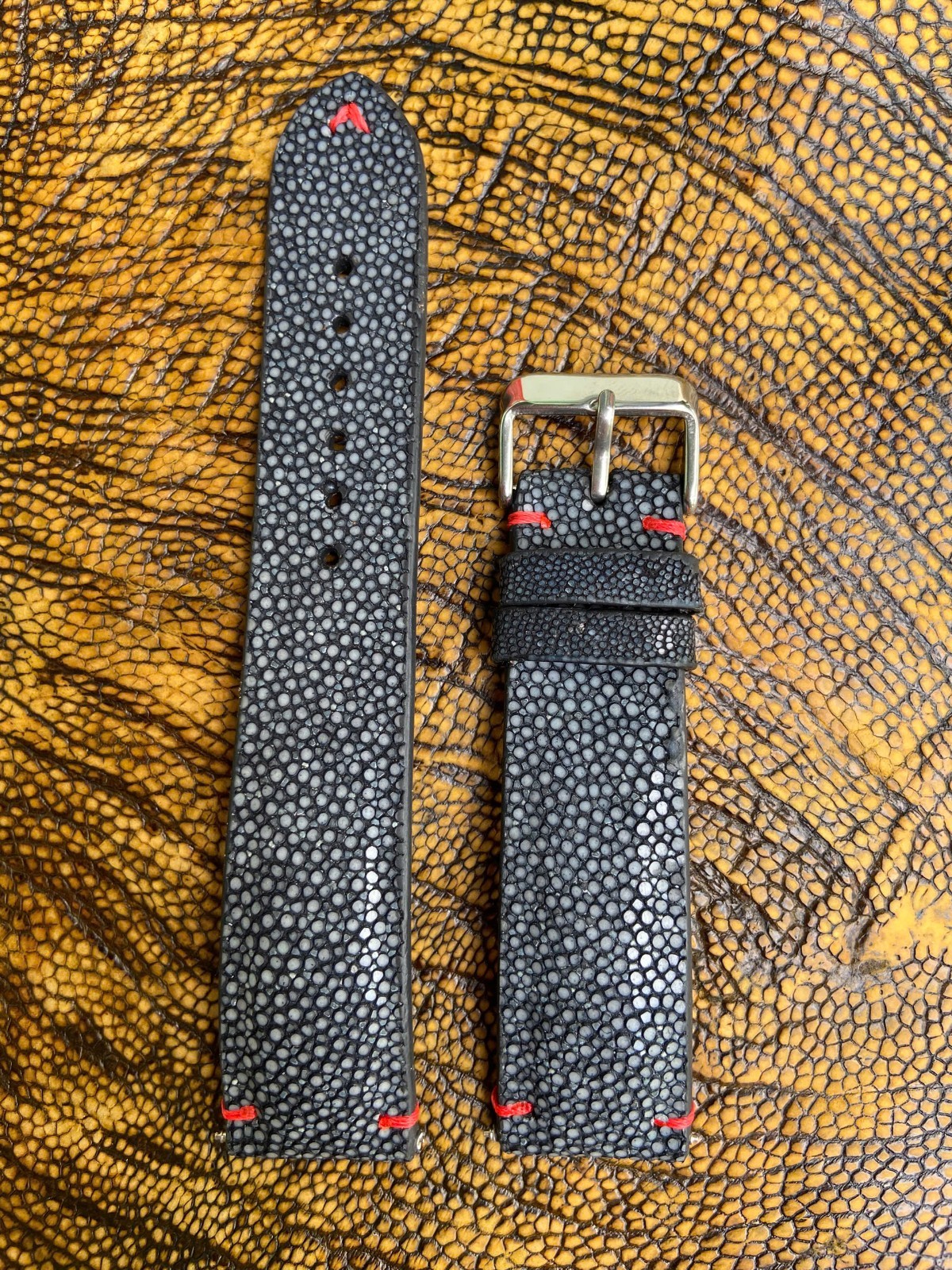 Black Stingray Leather Watch Strap Band, Size 18mm 19mm 20mm 21mm 22mm 24mm 26mm