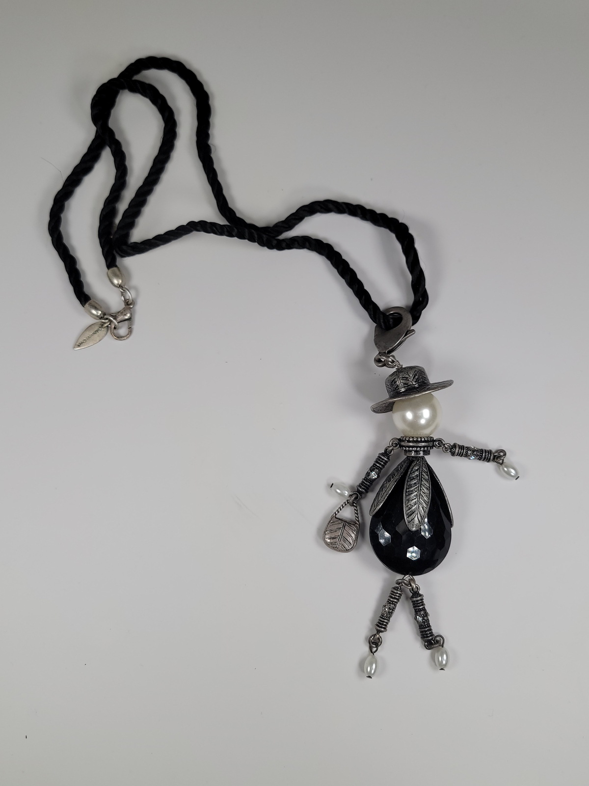 Coldwater Creek Vintage Black Twisted Cord Clip On Doll Charm Pendant Necklace