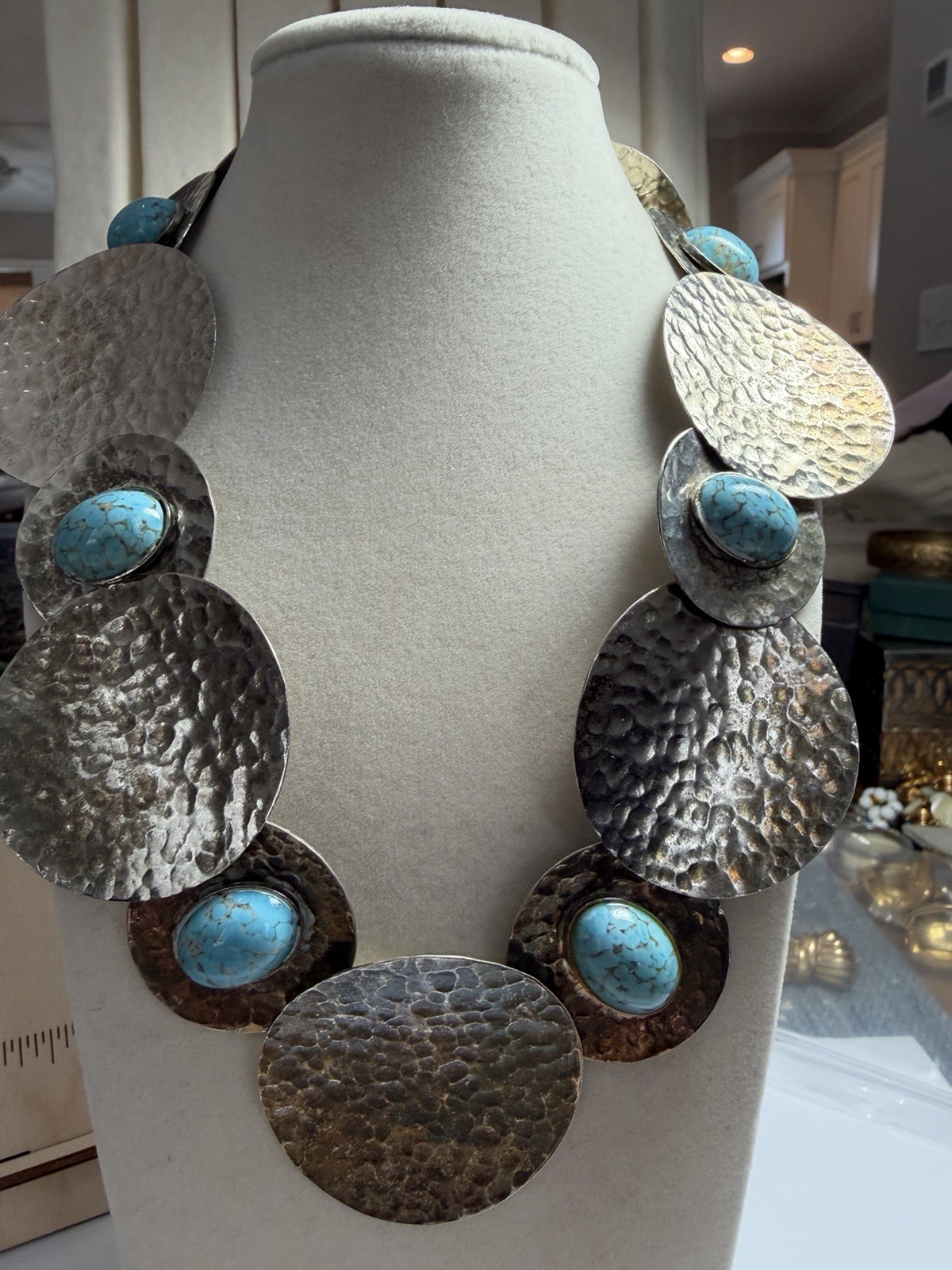 Hammered Brutalist Necklace Silver Tone Disc Statement Modernist Turquoise Glass