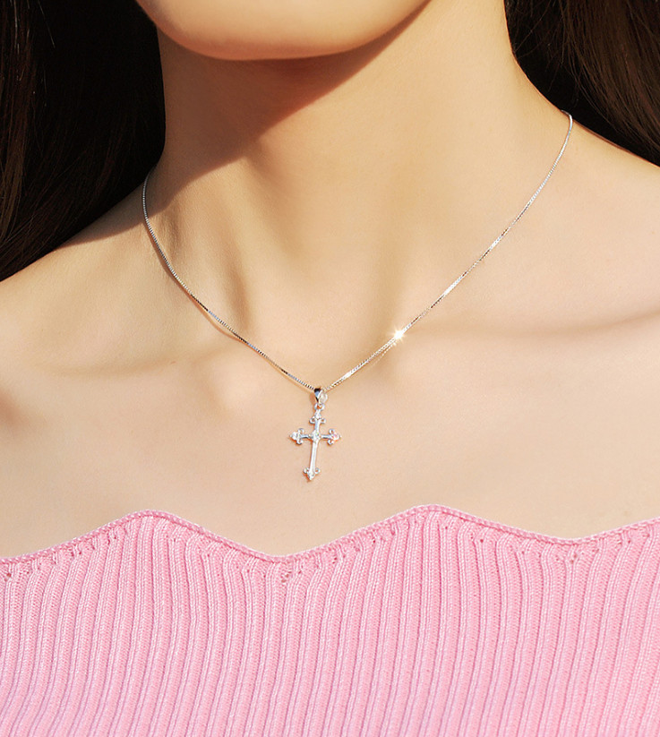 A Pair Women Men 925 Sterling Silver CZ Cross Pendant Necklace Diamante Gift S2