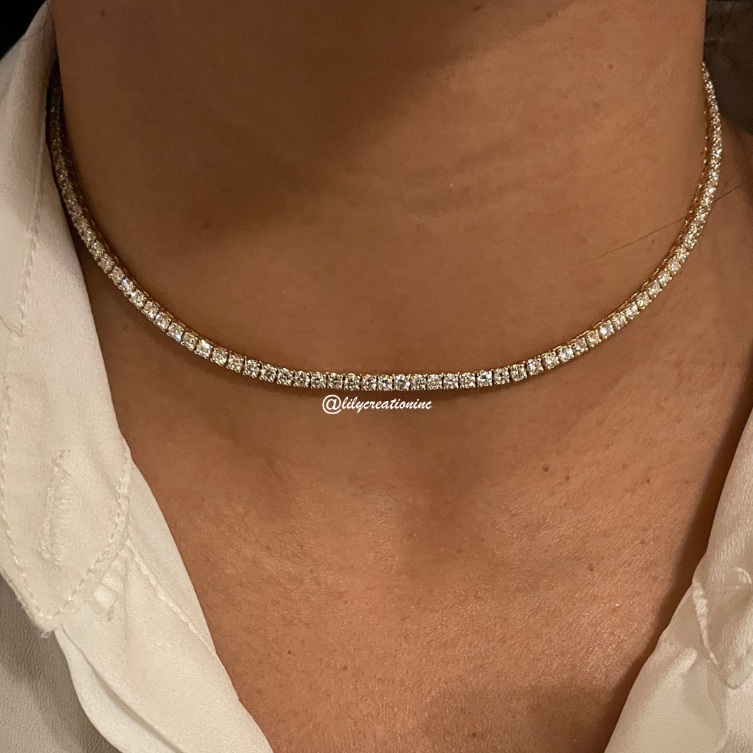 6.50 Ct Round Natural Diamond Choker Tennis Necklace 16 Inch 14K Gold
