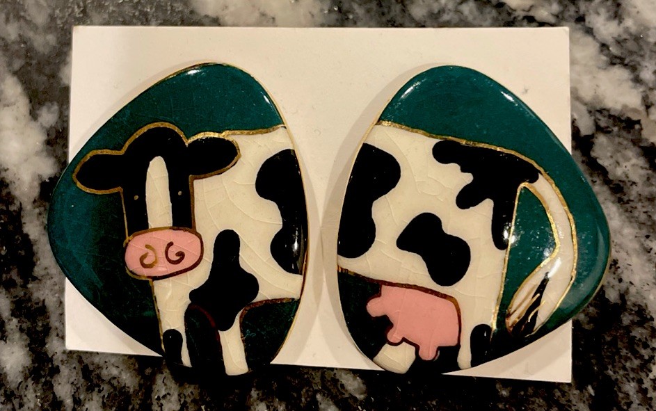 Vintage Ceramic Enamel Cow Front And Rear Post Earrings Gold Trim