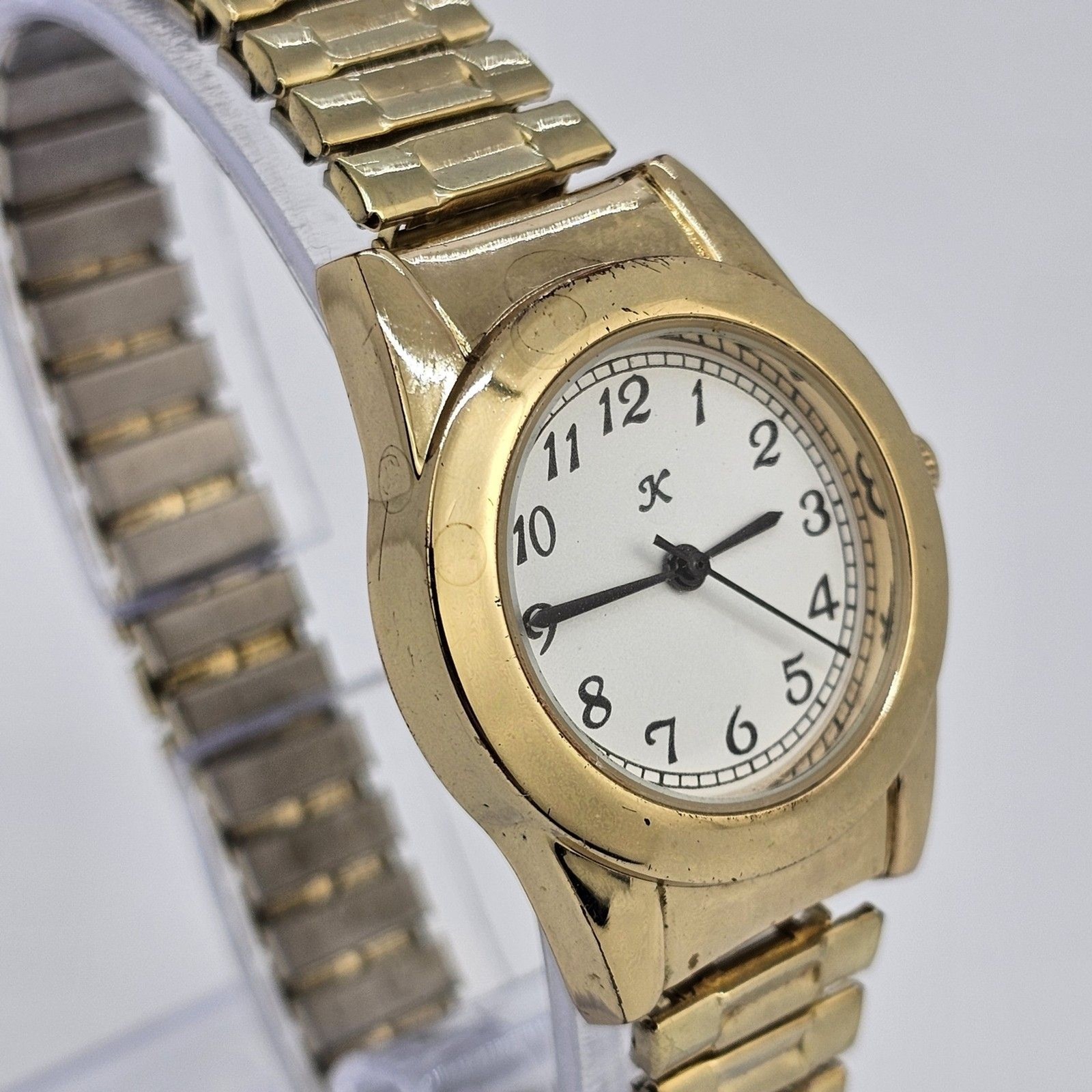 28MM Women’s Watch White Dial Gold Case Expandable Band 6″ New Battery