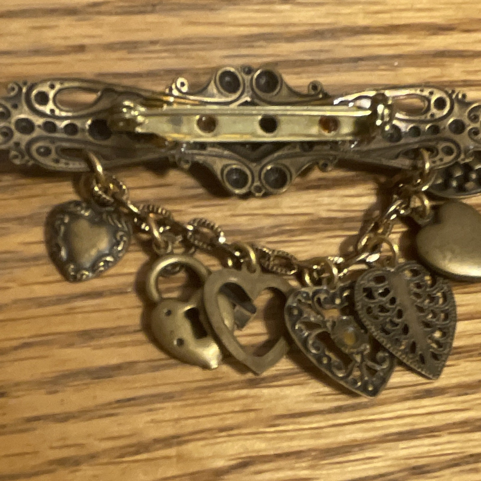 Gold & Silver Tone Heart Dangle Brooch Pin w/ Clear Crystal Accent