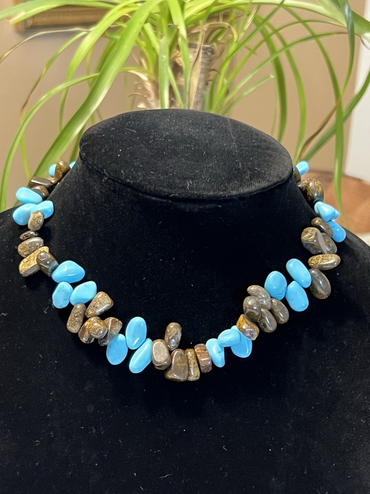 ESTATE SOUTHWESTERN BRONZITE & TURQUOISE STONE NECKLACE 15.5-17.5” STERLING 925