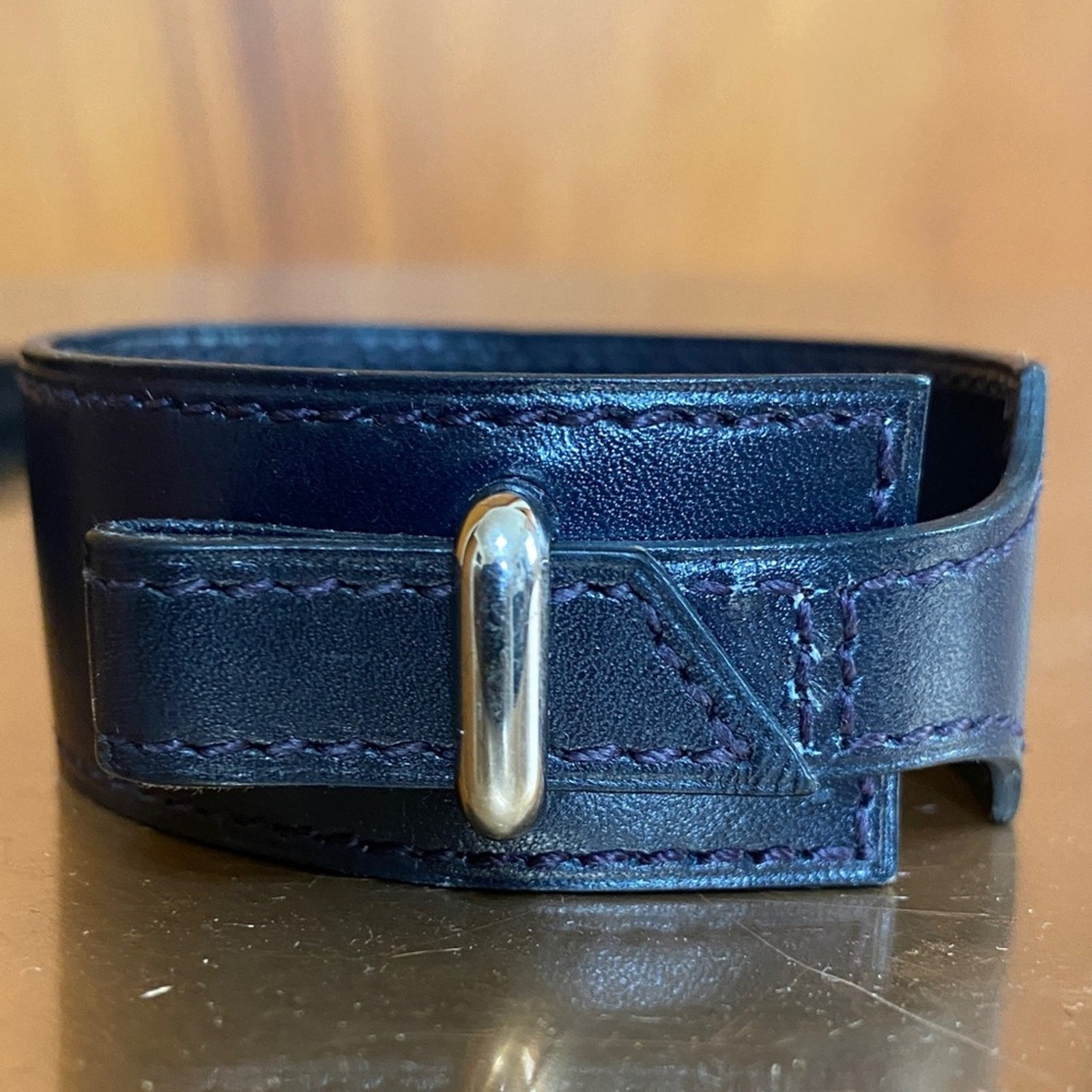 Hermes Navy Blue Leather Artemis 1” Bracelet Silver NWOT Classic Luxury Unisex