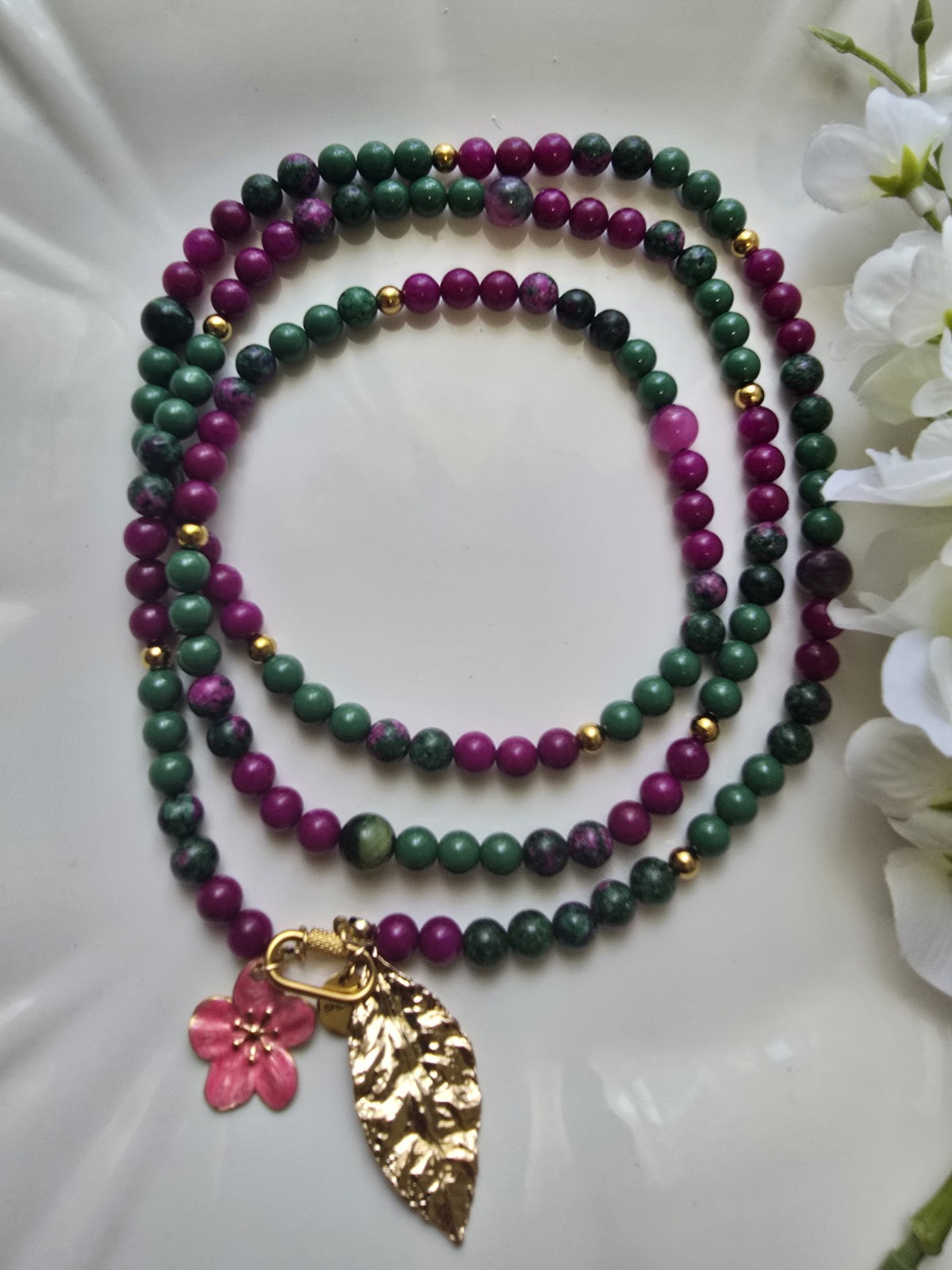 Green & Purple Stone Beaded Necklace w/ Gold Tone Leaf & Pink Flower Charms