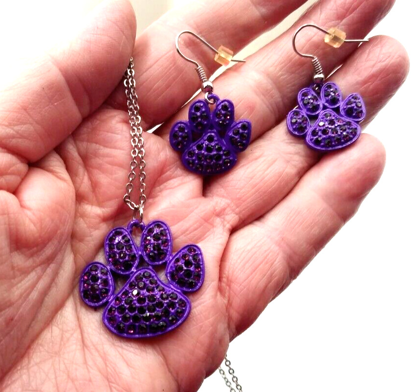 Precious Purple 20″ Silver Tone Chain Pet Dog Paw Pendant & Dangle Earrings Set