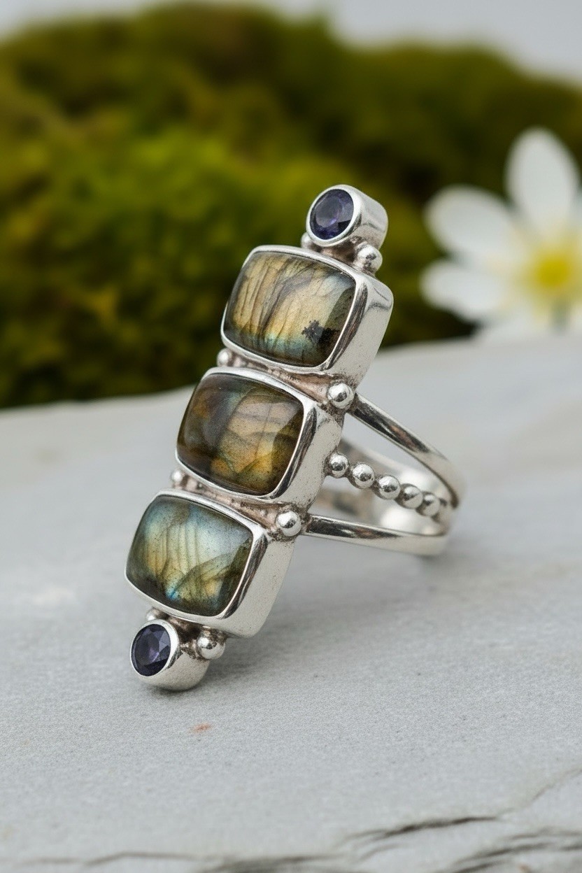 Sajen 925 Sterling Silver Labradorite and Amethyst Ring Size 9