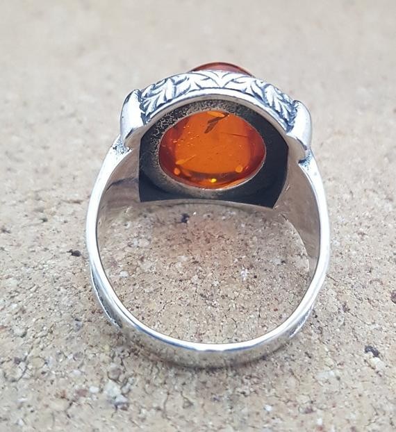 Solid 925 Sterling Silver Natural Baltic Amber Gemstone Signet Men’s Unisex Ring