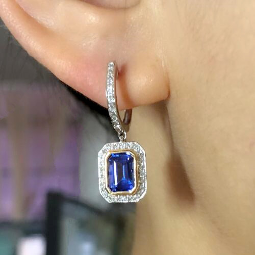 Natural Blue Tanzanite Diamond Leveback Dangle Earrings Solid 14K Gold Jewelry