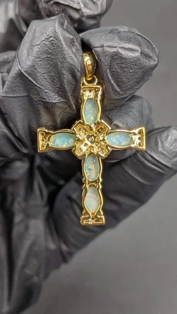 Women’s 2.00Ct Oval Cut Natural Fire Opal Cross Pendant 14K Yellow Gold Plated