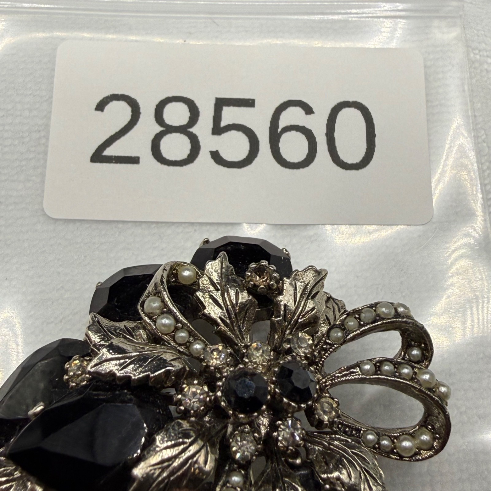 Vintage ART Rhinestone Brooch Black Silver Tone Signed