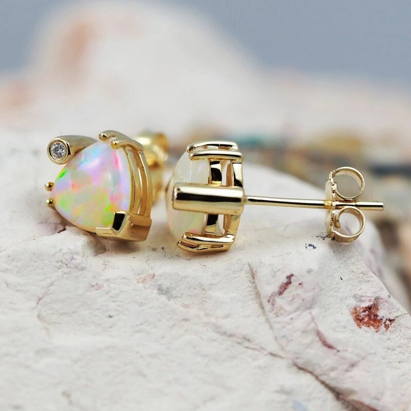 2Ct Trillion Natural Fire Opal Sparkly Delighted Studs 14K Yellow Gold Plated