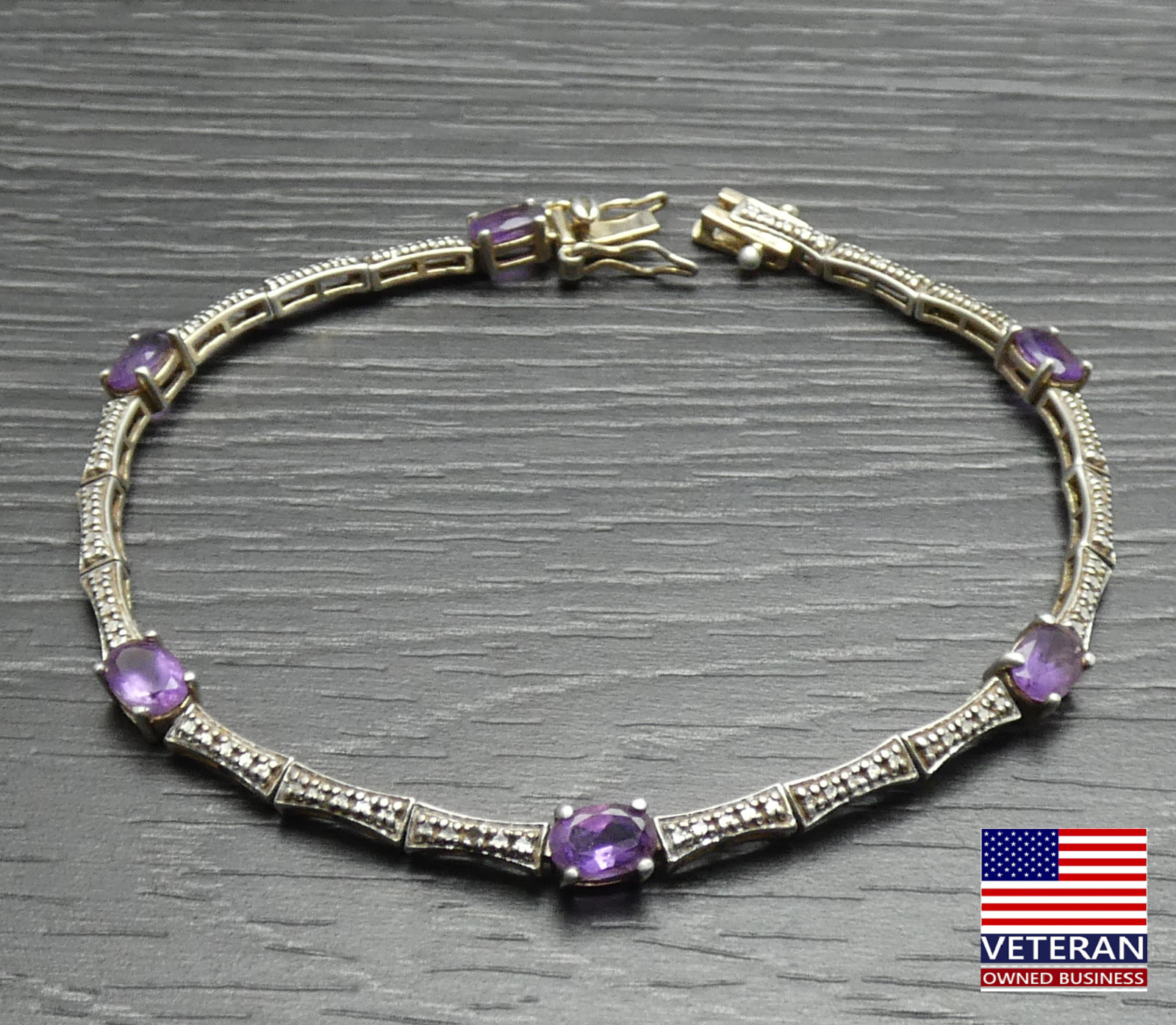 Sterling Silver Oval Purple Unique Bar Link Clasp Tennis Bracelet 7.5 inches