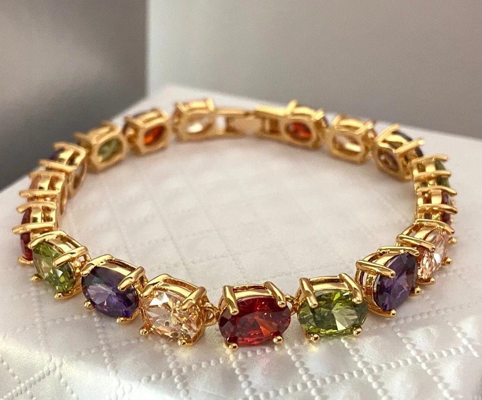 18K Gold Plated 30 CTW Gemstone Tennis Multicolor Bracelet Birthday Jewelry
