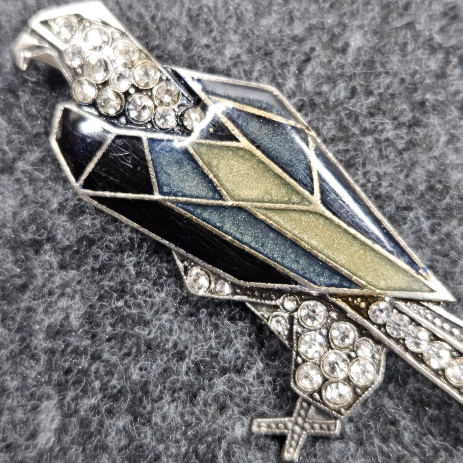 Art Nouveau Rhinestone EAGLE Brooch Pin Black Gray Yellow Enamel Silver Tone