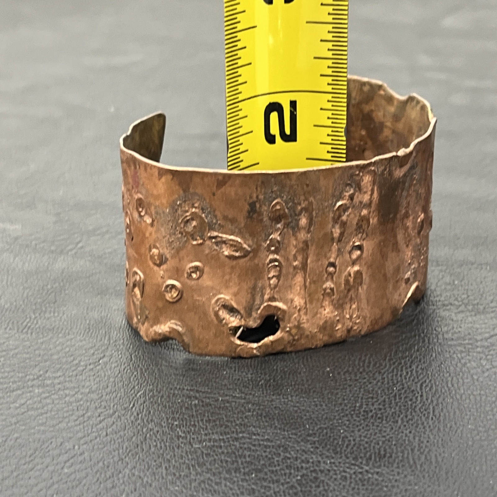 Copper Cuff Bracelet Artisan Heart stamp brutalist 1.5″ wide