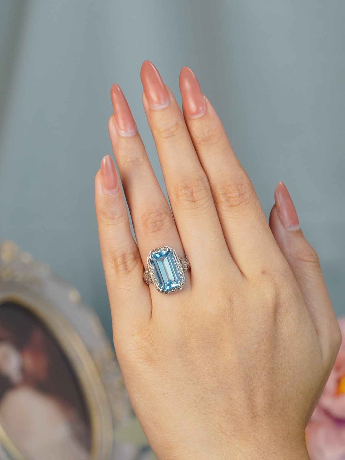 Silver925 Natural Blue Topaz Vintage Style Filigree Ring