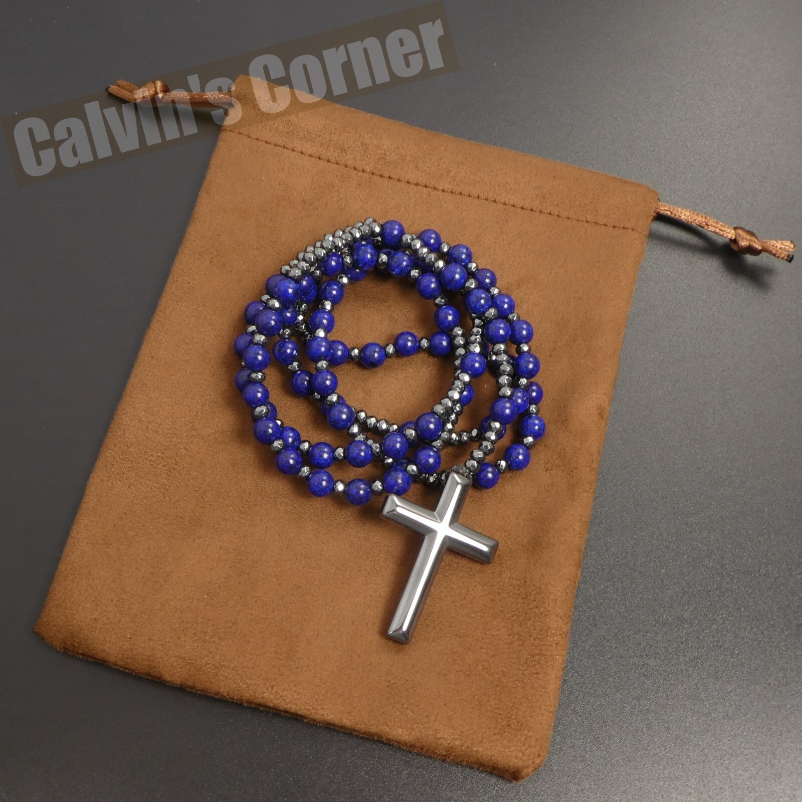 Lapis Lazuli Black Hematite Rosary Necklace Catholic Christ Cross Men Women Gift