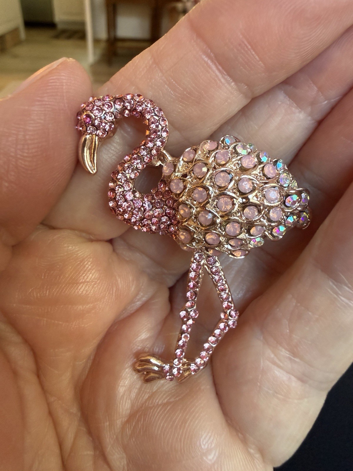 2 1/8″ NWOT PINK & AB RHINESTONE & GOLD TONE PINK FLAMINGO BIRD BROOCH PIN