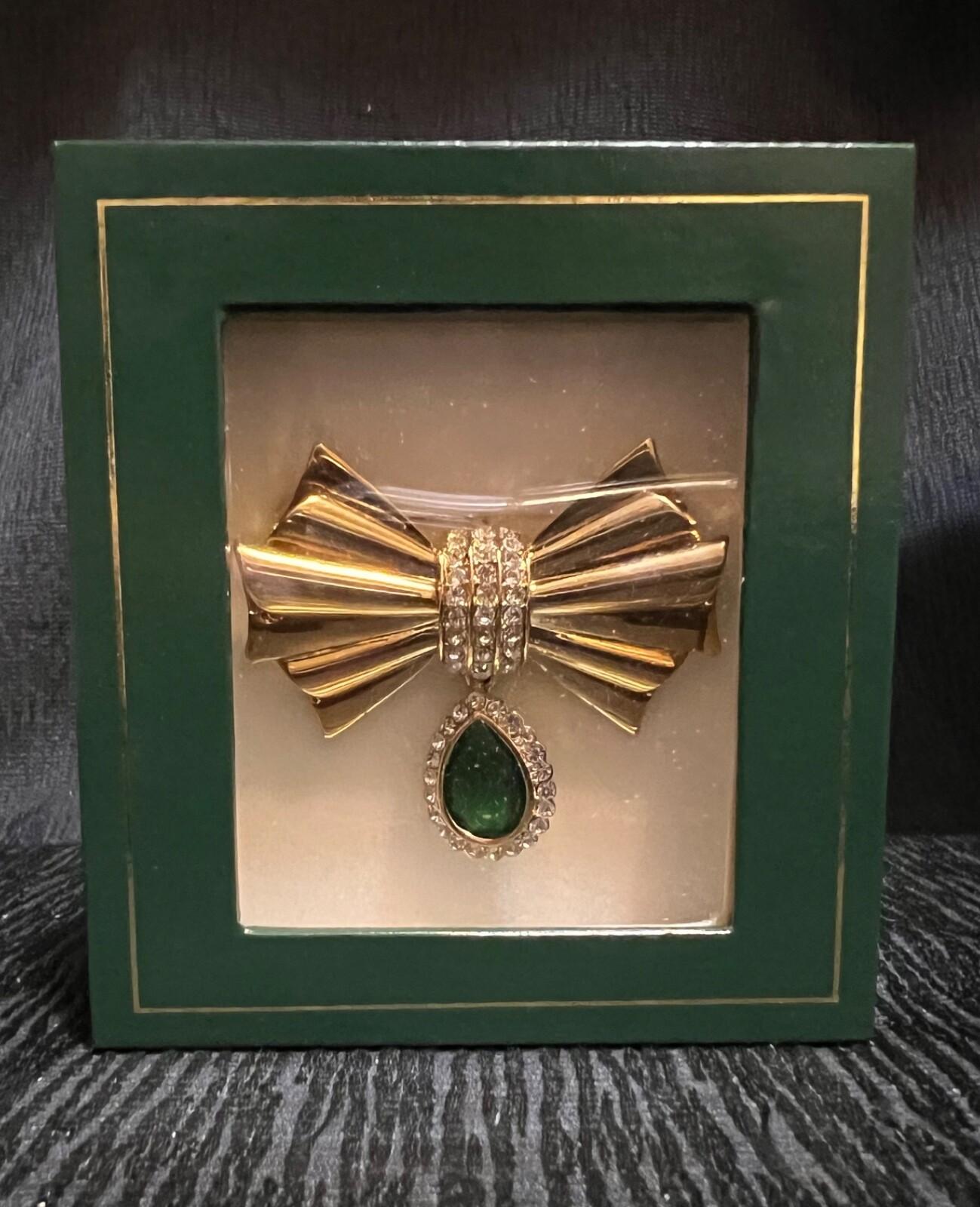 Avon Rhinestone Bow and Dangle Brooch, Signed 2004 HS Avon, 2-1/8″, In Box