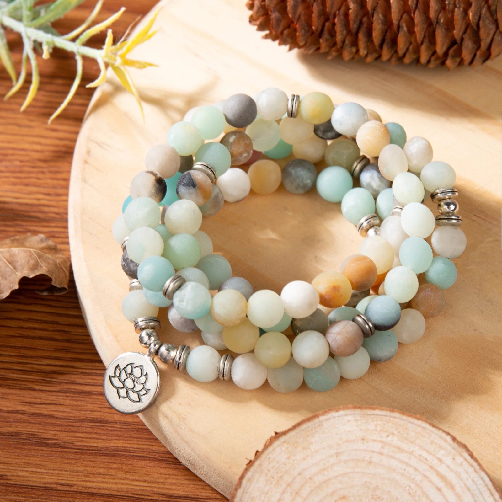 2025NEW! Natural Amazonite Gemstone Healing Bracelet 108 Beads Mala Women Gift