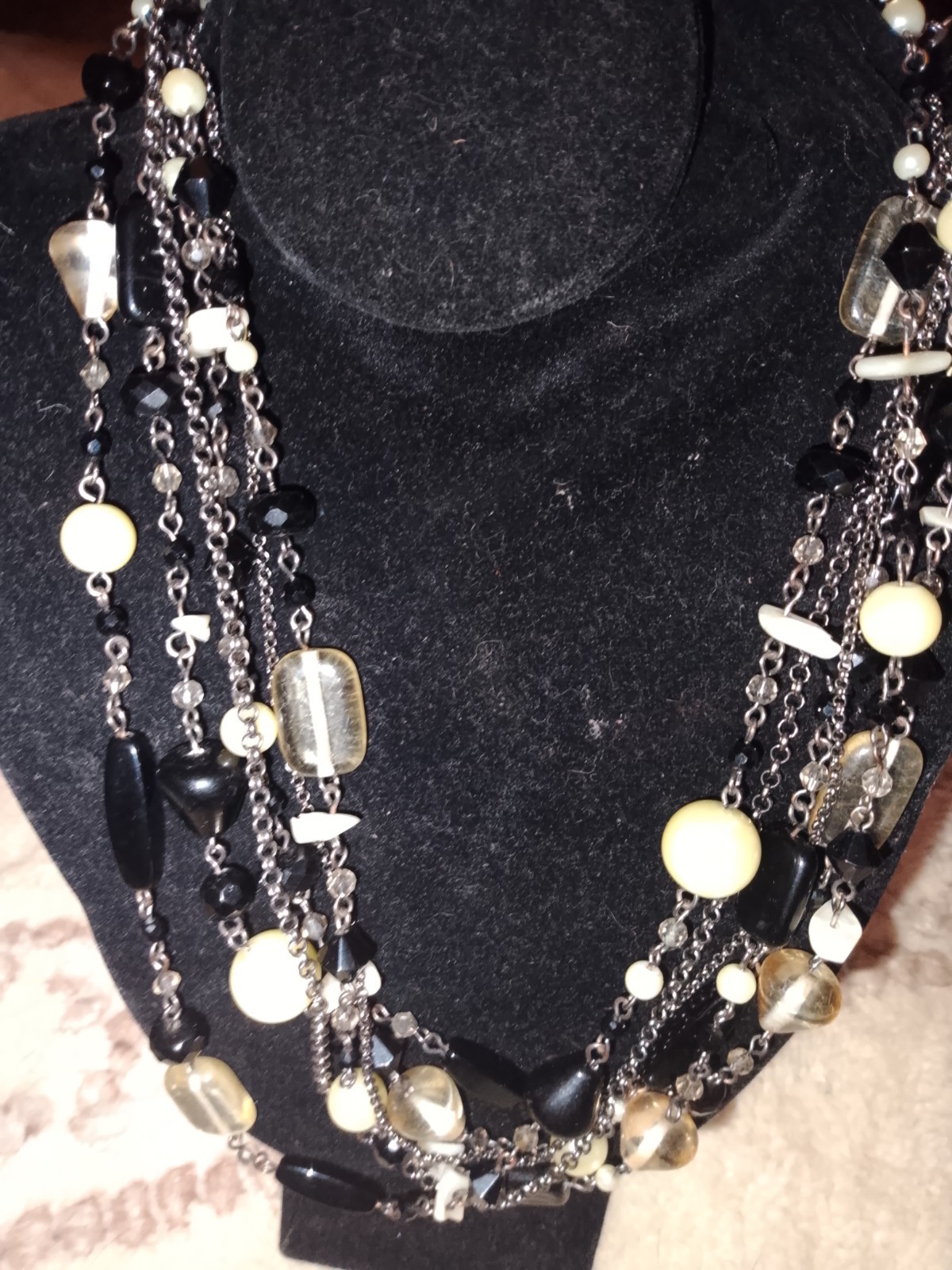 Multi-Strand Layered Glass Beaded Cable Chain Necklace Black White Silver