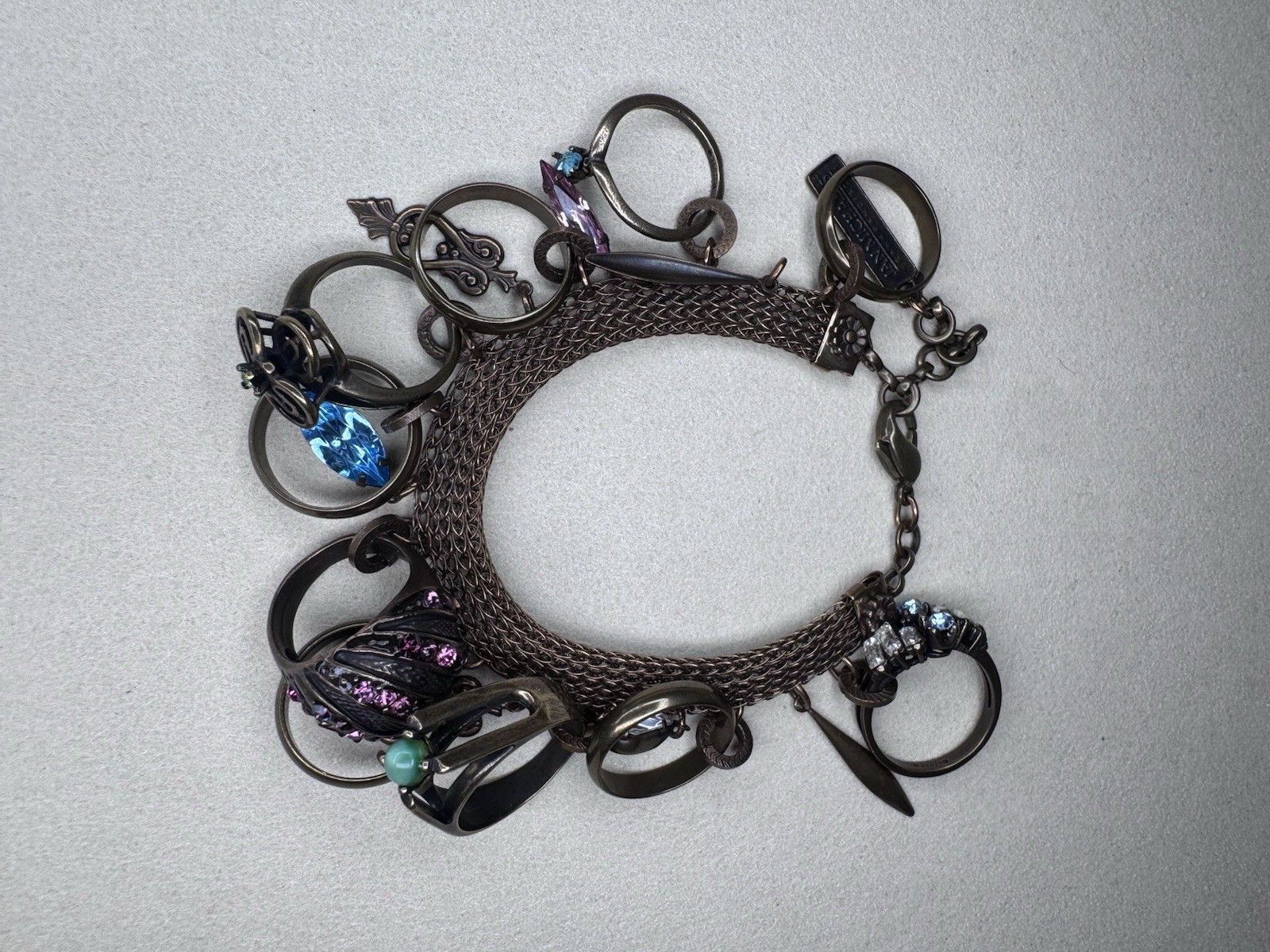 Vintage Ann Michaels Bronze Tone Charm Bracelet Multicolor Crystal Adjustable
