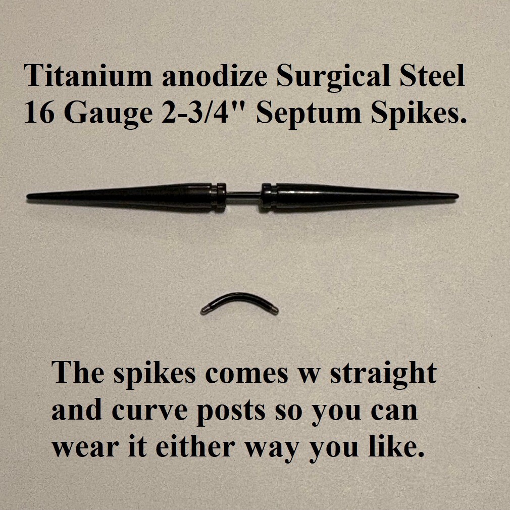 Titanium anodized Surgical Steel 16g 2-3/4″ Straight & Curve Septum SPIKES.