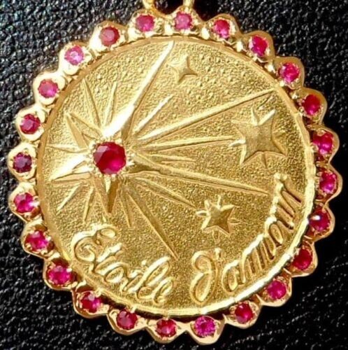 Vintage 1.50Ct Round Lab Created Ruby Love AUGIS Pendant 14K Yellow Gold Finish