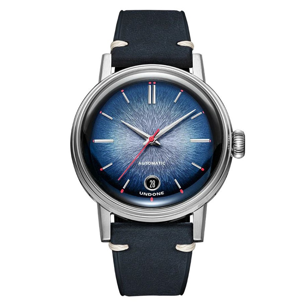 Undone Enamel Automatic Steel Blue Sunray Leather Date Sapphire Men’s Watch