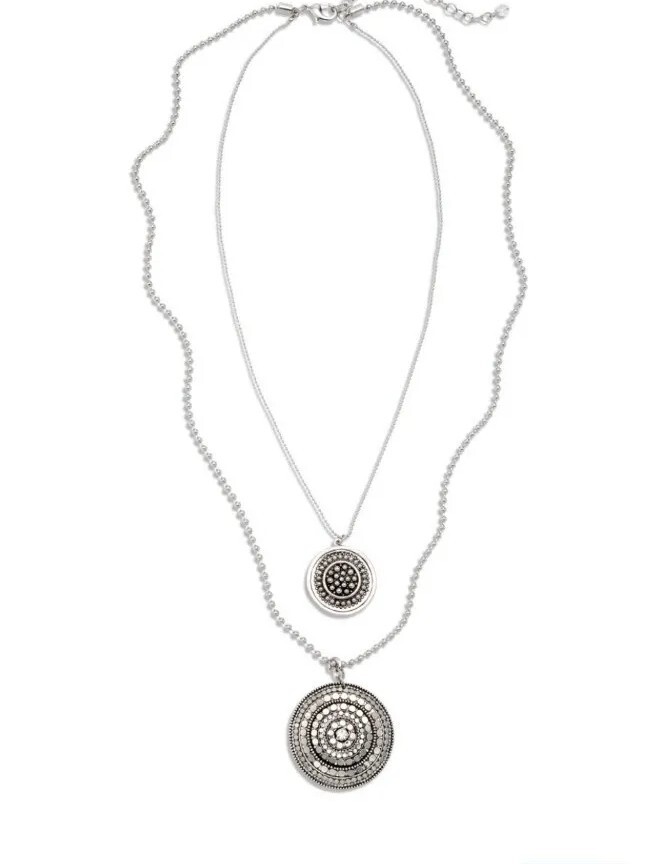 Chico’s Roxi Double Medallion Pendant Ball Beaded Necklace 32 To 36″