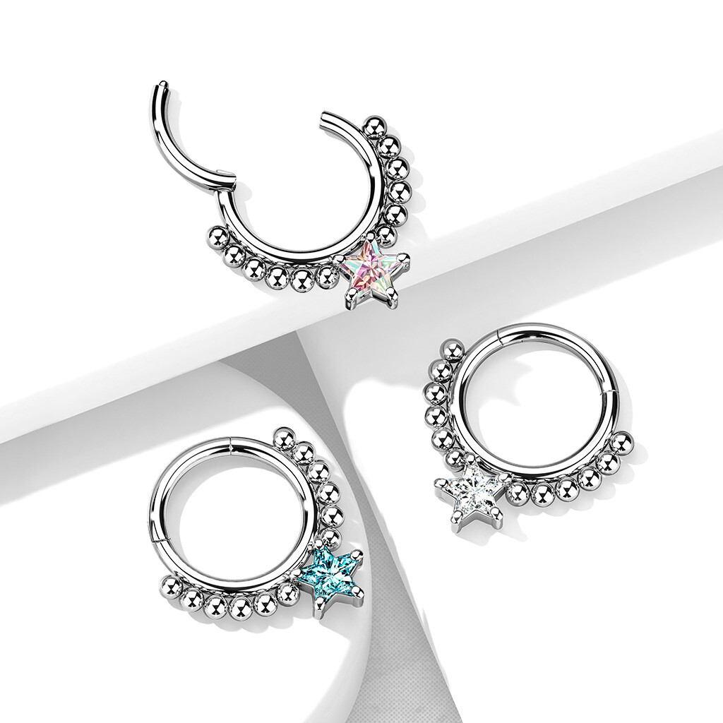 All Surgical Steel Front Facing Star CZ Precision Hinge Segment Ring Nose Septum