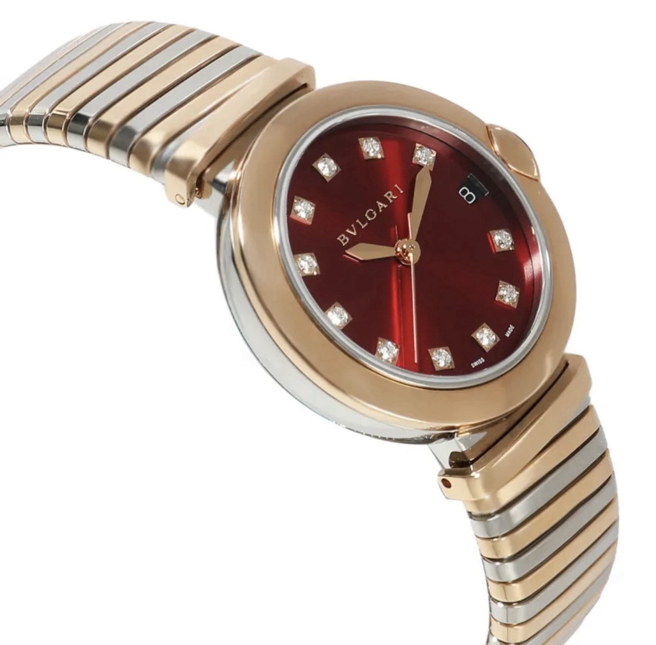 Bvlgari Lvcea Tubogas 33mm Two-Tone Diamond Bezel Red Dial Ref. 103123 FULL SET