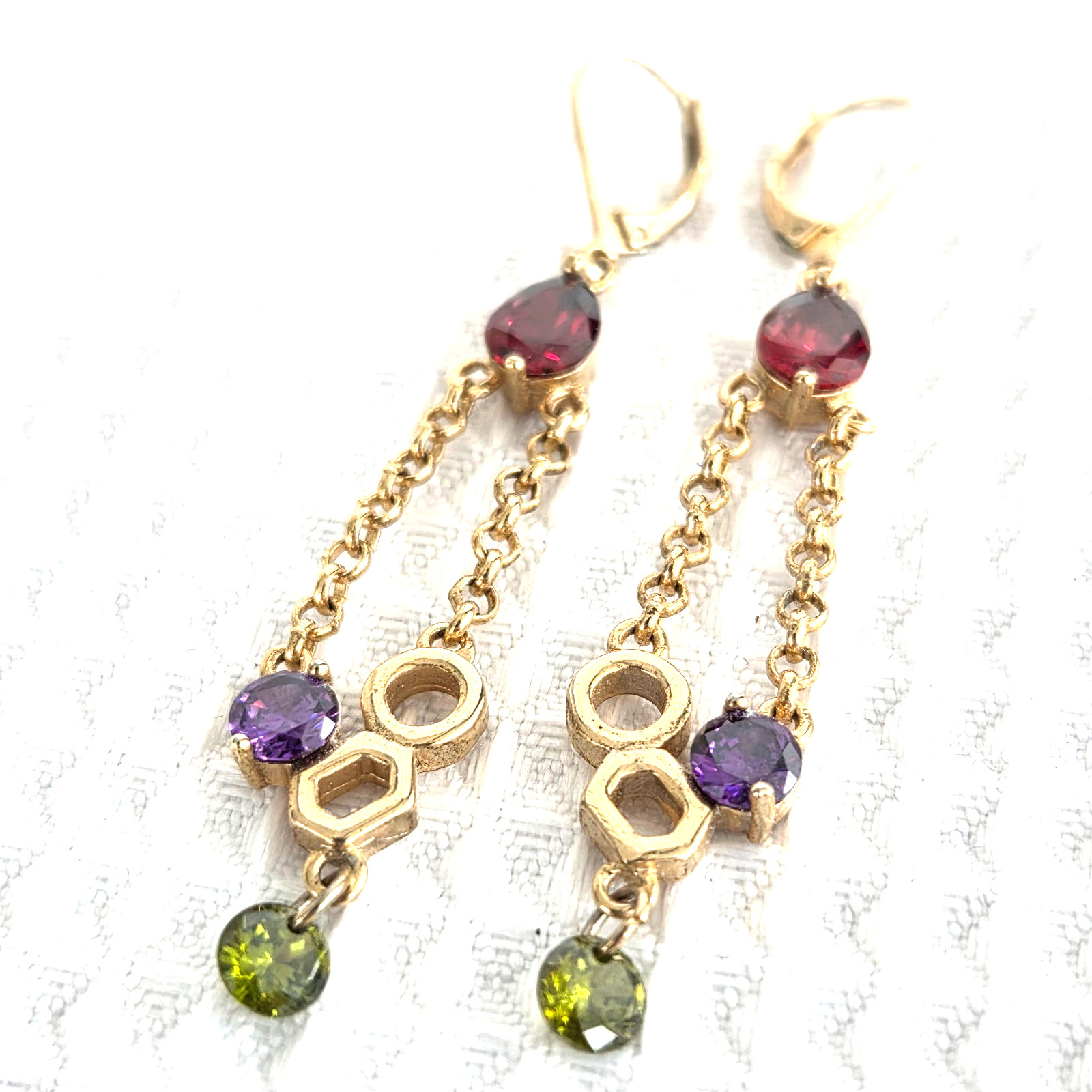 Golden Dangle Earrings Faux Gemstone Chain Green Purple Red Teardrop 2.5″